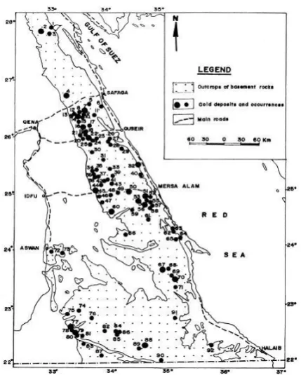 Fig. 2: Gold deposits, Eastern Desert (after AlRamlyet.al,1970). 