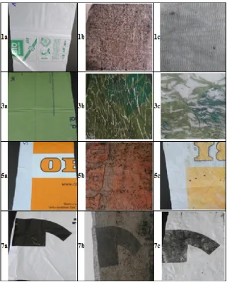 Fig. 2. Appearance of samples 1, 3, 5 and 7: a) new, b) after the composting process, c) after rinsing and drying