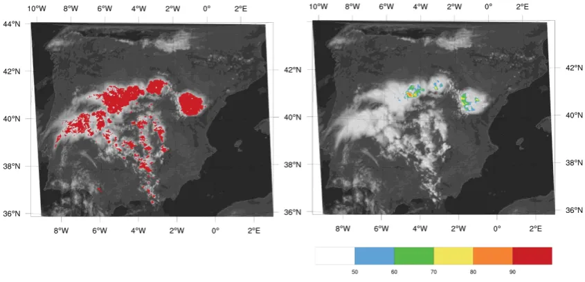 Fig. 6. 14:00 UTC on 12 August 2011. Left: convective areas delineated by CM. Right: HDT outputs in terms of hail probability.