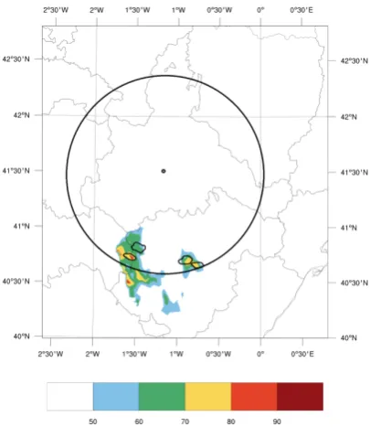 Fig. 7. 14:00 UTC on 12 August 2011. Color scale: HDT outputs interms of hail probability