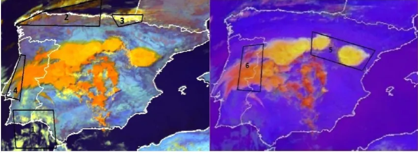 Fig. 2. 14:00 UTC on 12 August 2011. Left, RGB image “day solar”; right, RGB image “convective storm”