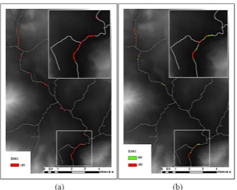 Fig. 14. Indication of the possible areas of partial (green) and total(red) river blockage according to the DMI geomorphic index usingthe dfwalk model (a) and the FlatModel (b).
