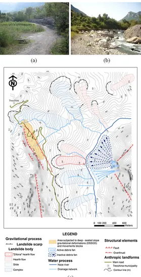 Fig. 3. Floodplain in the 2007 pre-landslide (a) and post-landslide (b) phases. (c) Geomorphological map of the Parrutta area.