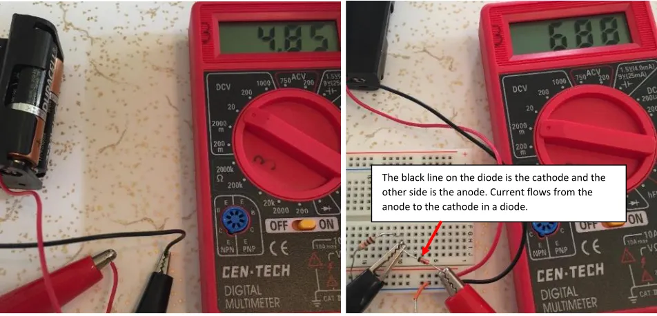 Figure 1.5: Multimeter voltage measurements of a battery pack (left) and 1N914 Diode (right) 