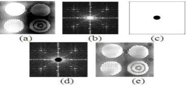 Figure 1: (a) Image, (b) DFT spectrum, (c) Filter (band pass), (d) Filtered spectrum, (e) 