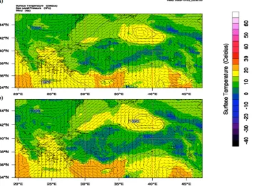 Fig. 2. The distribution of initial surface temperature, contours of sea level pressure and wind vectors for coarse domain on 25 October 2008at 00:00 UTC (a) for WRF without assimilation (control) and (b) for WRF with assimilation.
