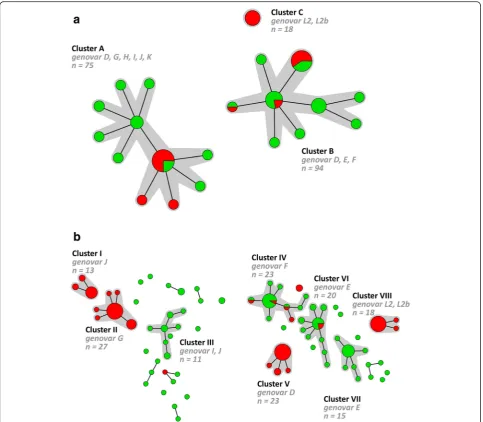 Fig. 1 Minimum spanning tree showing the clustering of 187 Chlamydia trachomatis-positive specimens from MSM and heterosexuals