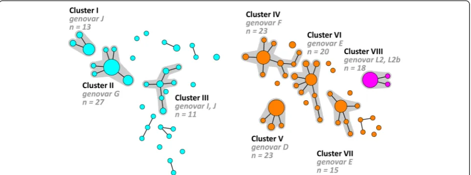 Fig. 2 Minimum spanning tree showing the diversification by hr-MLST-6 of the clusters that were generated using the MLST-7 scheme
