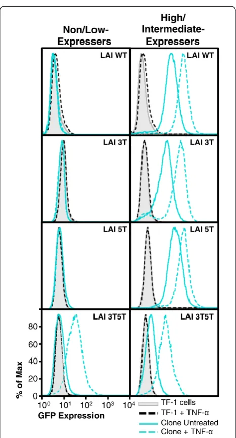 Figure 7 U-937 cell clones containing nonexpressing wild-typeobtained with the untreated, stably transfected cell clone (solidturquoise line) compared with the treated, stably transfected cellclone (dashed turquoise line), untreated WT U-937 cells (solid b