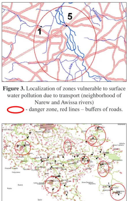 Figure 4. Localization of zones vulnerable to surface water pollution due to sewage from human settle-ments