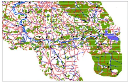Figure 8. Localization of zones vulnerable to sur-face water pollution due to sewage from Łapy and Uhowo