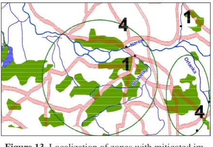 Figure 14. Localization of zones potentially threat- ened by nitrogen and phosphorus penetration into surface water from the fields and grasslands