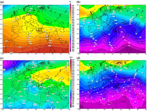 Fig. 8. Composite ﬁeld of (intervals) with their corresponding standard deviation ﬁelds (a) 500 hPa geopotential height (at 40 m contour intervals) and (c) mean sea level pressure ﬁeld (at 2 hPa contourb) and (d), respectively.