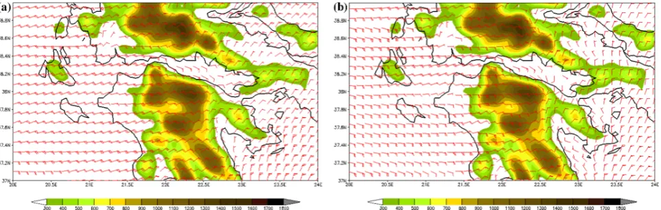 Fig. 9. 10 m wind speed from MM5 model valid at (a) 06:00 UTC on 26 December 2011 and (b) 18:00 UTC on 12 January 2009