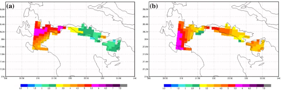 Fig. 6. Mean wind speed at 10 m derived from 6 h model data for (sector (wind direction from 215 to 315a) the eastern sector (wind direction from 45 to 135◦ ) and (b) the western◦ ) winds.