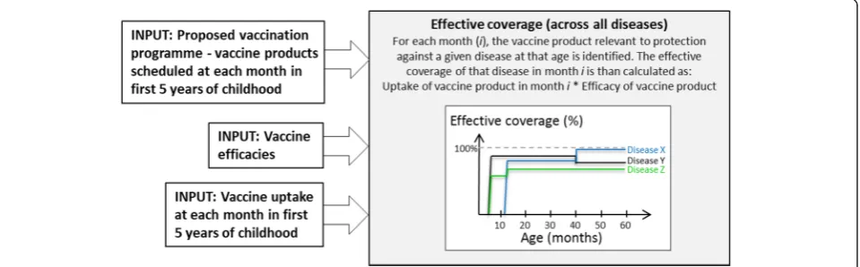 Fig. 1 A schematic of the modelling framework developed in this paper. Using inputs on the effectiveness of vaccines and vaccine uptake, theframework estimates the age-dependent effective coverage against each of the diseases, calculated as the product of vaccine uptake andvaccine efficacy