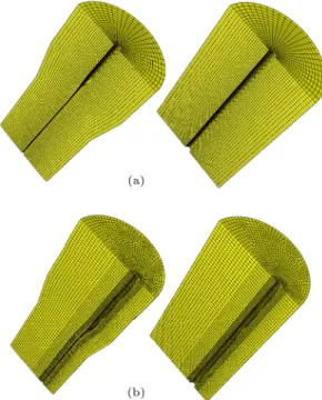 Figure 9. Finite element model of the workpiece with (a) on-center void and (b) o-center void.
