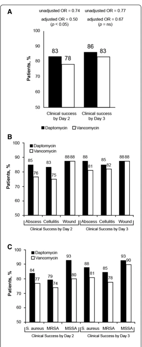 Fig. 2 Proportion of patients achieving clinical success by day 2 andday 3: overall (a), by infection type (b), and by pathogen (c)