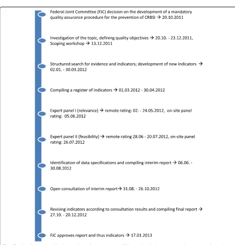 Fig. 1 Timeline of the process of developing indicators for quality assurance (QA) procedures for the prevention and management of central venouscatheter-related bloodstream infections (CRBSI) that should be mandatory