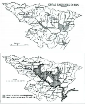 Figure 4: Upper image, works executed during the  development of the Ebro River Basin in 1926; Lower  image, areas aerially photographed in 1929