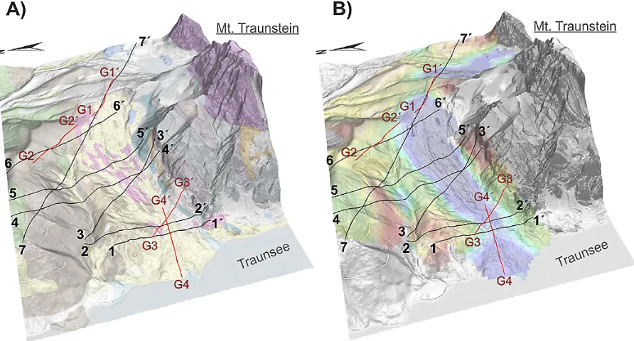 Fig. 9. 3-D view of the geological (A) and electromagnetic (B) map seen from the west; black lines: locations of the HEM cross sections;red lines: locations of the geoelectric proﬁles.