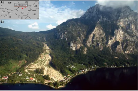 Fig. 1. General setting of the Gschliefgraben site: (A) Positionwithin Austria, (B) Airborne photo of the Gschliefgraben valley andMt