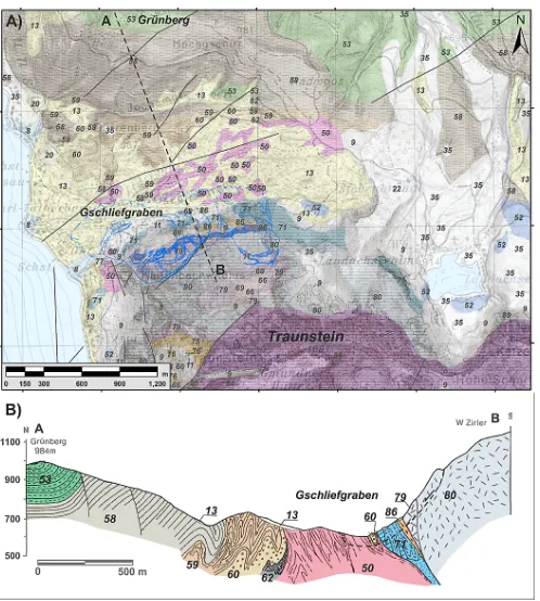 Fig. 3. Geological map of the area of Gschliefgraben. The blue contours indicate the deep-seated gravitational deformations