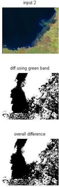 Figure 3 shows the two datasets, along with the number of changed pixels shown by white colored pixels in bands 3,2 and 1 and Fig.3 Simulation results of Image Differencing Change Detection Method finally the overall number of changed pixels is shown by th