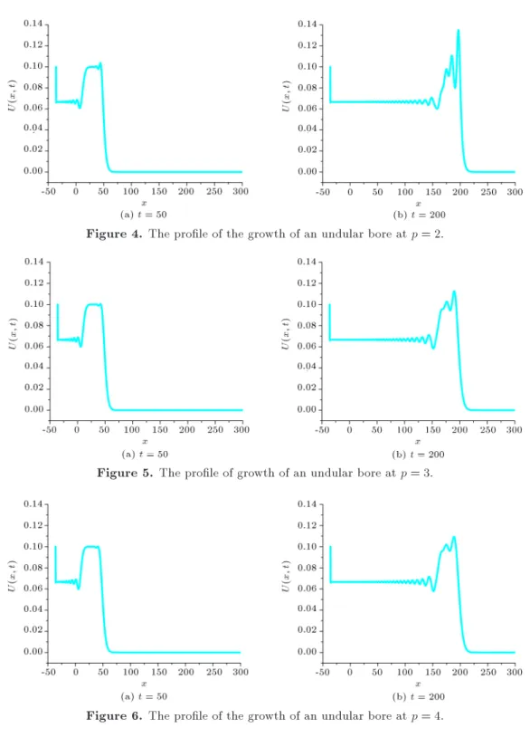 Figure 4. The prole of the growth of an undular bore at p = 2.