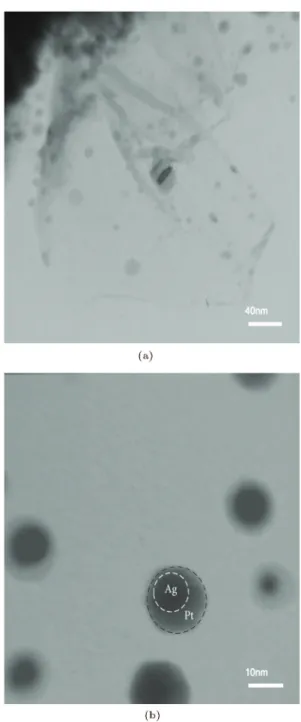 Figure 1. HRTEM micrographs of Ag@Pt/rGO (1:3) prepared in this research: (a) Low and (b) high magnications.