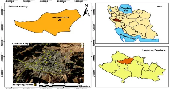 Figure 1. Location of Aleshtar in Iran and radon sampling locations in Aleshtar dwellings