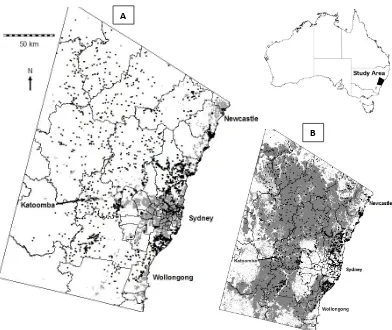 Fig. 1. The study area, showing (A) the ignition points of all ﬁres and the deﬁned urban land (grey shading) and (B) forested vegetationsurrounding Sydney (grey shading) (Ofﬁce of Environment and Heritage, unpublished data 2011).
