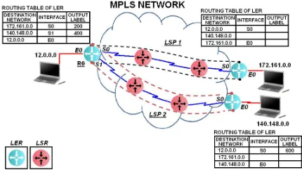 Figure 1: MPLS domain with LSRs, LERs, two LSPs and associatedFECs.