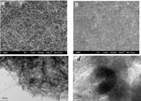 Figure 5. The SEM micrographs of (a) F-CNTs and (b) NiO/F-CNTs. (c) TEM image and (d) HRTEM of NiO/F-CNTs hybrid.