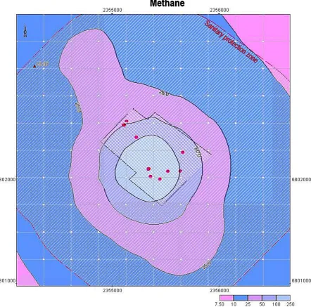 Figure 1. A cartographic model of the total dispersion of methane in the atmosphere during gas volley emission