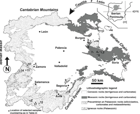 Fig. 1.Fig. 1. Simplified geological map of Castilla y León, showing the disposition of all lithologies  Simpliﬁed geological map of Castilla y León, showing thedisposition of all lithologies studied in the present paper