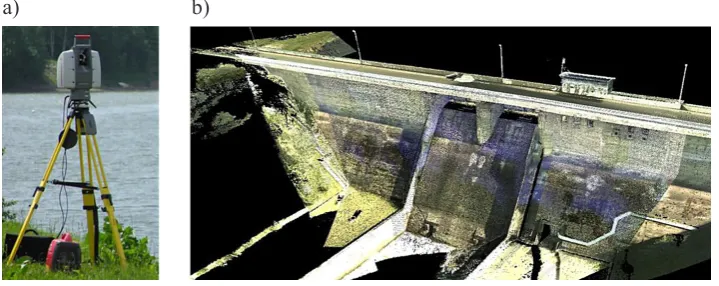 Figure 1. Survey of Besko dam a) Leica Scanstation 2 laser during the scan (author’s archive), b) the results of the survey from the downstream side (author’s archive)