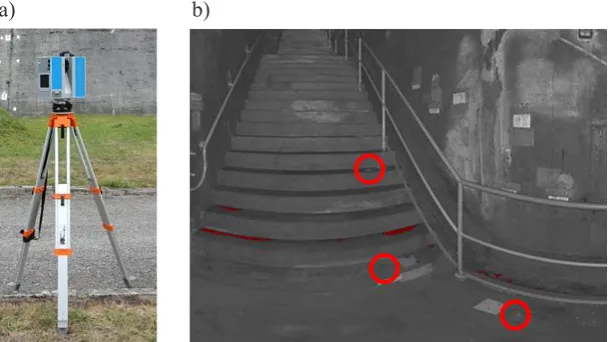 Figure 7. Pump and observation gallery a) descent from the side of the left gable, targets on the walls used for orientation and scan joining (marked in the picture with red rings), b) central corridor