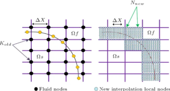 Figure 3. Eulerian and Lagrangian meshes: (left) Fluid-solid interface and (right) computation of interpolation coecients from locally renes mesh.