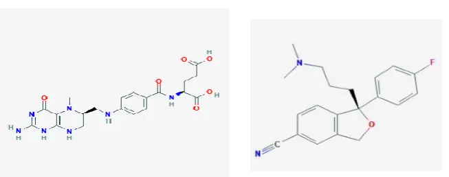 Figure 1: Structure of (A) L-Methyl Folate (B) Escitalopram. 