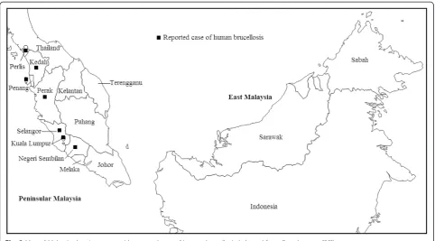 Fig. 3 Map of Malaysia showing states with reported case of human brucellosis (adapted from Google maps [35])