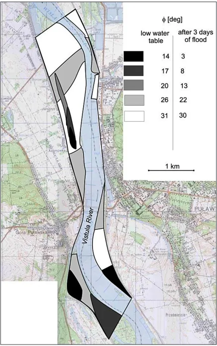 Figure 1. The map of values of friction angle of alluvial deposits of Vistula valley near Puławy, ϕ before and during a flood