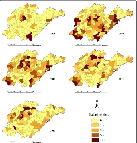Figure 3 Estimated relative risk for HFMD by Bayesian Spatio-temporal interactive model across 140 counties in ShandongProvince, 2008–2012.