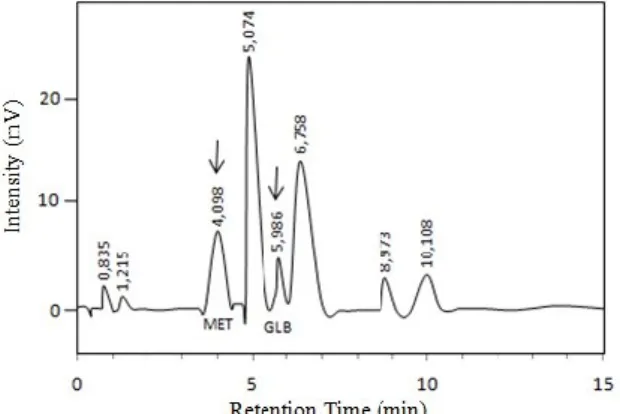 Figure 9. Chromatogram of sample with internal standard by LC-UV optimum 