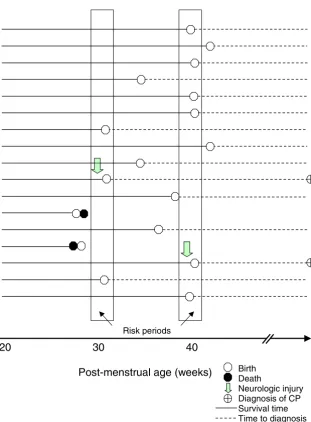 Figure 1Schematic depiction of a survival analysis model for cerebral palsy riskSchematic depiction of a survival analysis model for cerebral palsy risk