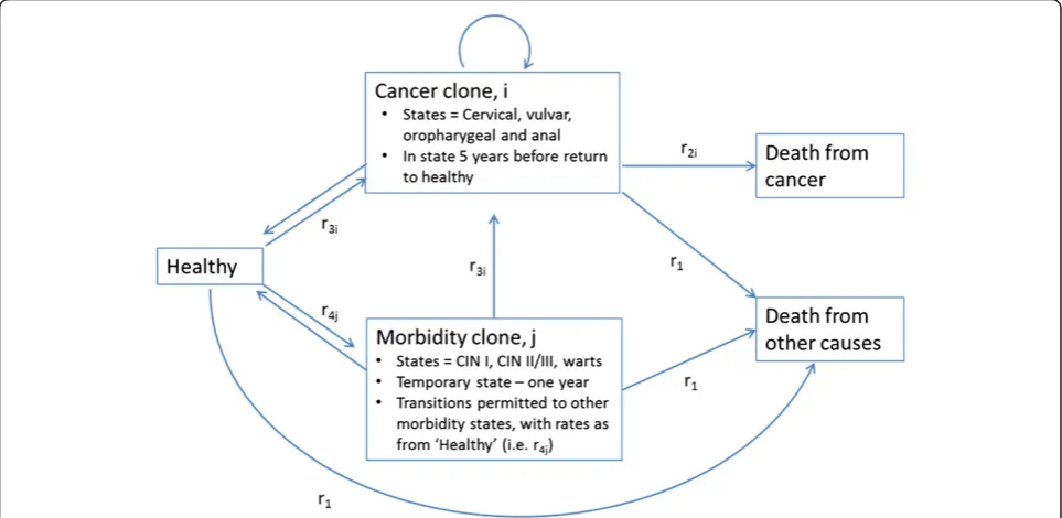 Figure 1 Stylized Markov model for HPV-related disease states. r1 = rates of all-cause mortality from population lifetables, by sex, age,ethnicity (Māori, non-Māori) and area deprivation (approximate tertiles), and projected to future