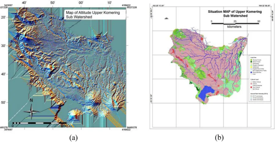 Figure 1. Komering sub catchment upstream areas, (a) altitude (b) land use, critical level and rainfall intensity