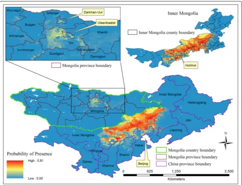 Figure 7 Probability of presence of human Brucellosis in nine Chinese provinces and the country of Mongolia.