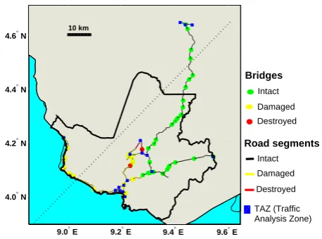 Fig. 10.00 Representation of the damage states of the road network 4.0° N Destroyedcomponents after the scenario presented in Figure 5.TAZ (Traffic