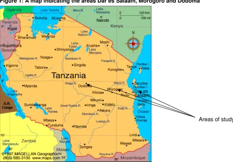 Figure 1: A map indicating the areas Dar es Salaam, Morogoro and Dodoma